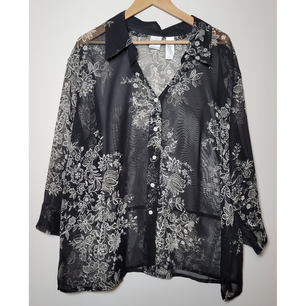 Emma James Shirt Blouse Top Black Sheer 24W Button‎ Up Collar 3/4 Sleeve 0044